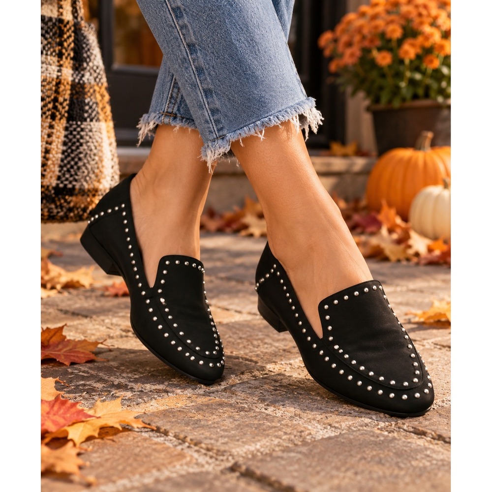 Sole Society  Tablia Black Leather Studded Pointed Toe Loafer Flats 9.5M/41